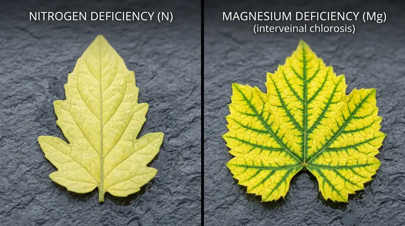 Close-up comparison of leaves showing different nutrient deficiencies like nitrogen and magnesium
