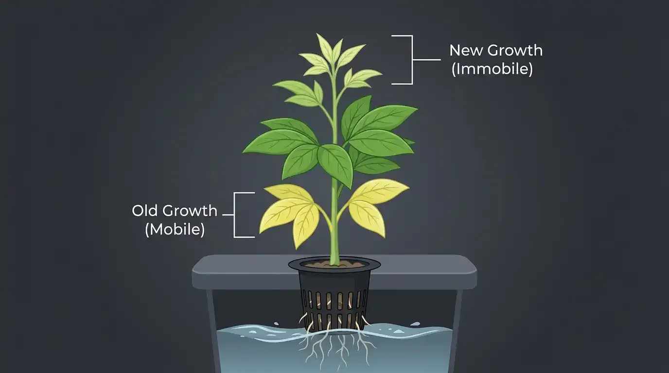 Illustration showing where mobile vs. immobile nutrient deficiencies appear on a plant