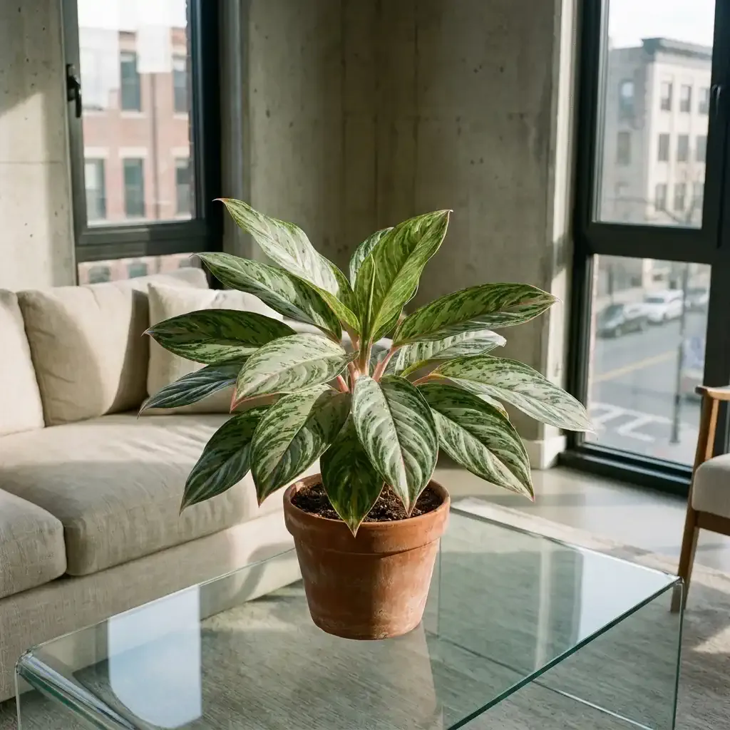 A colorful Aglaonema plant with patterned leaves on a modern coffee table