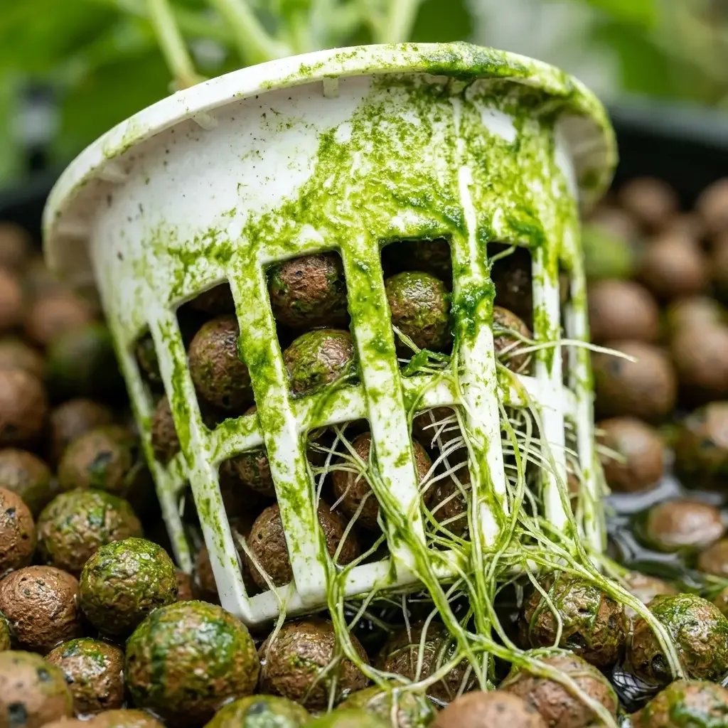 Close-up of bright green algae coating clay pebbles in a hydroponic net pot