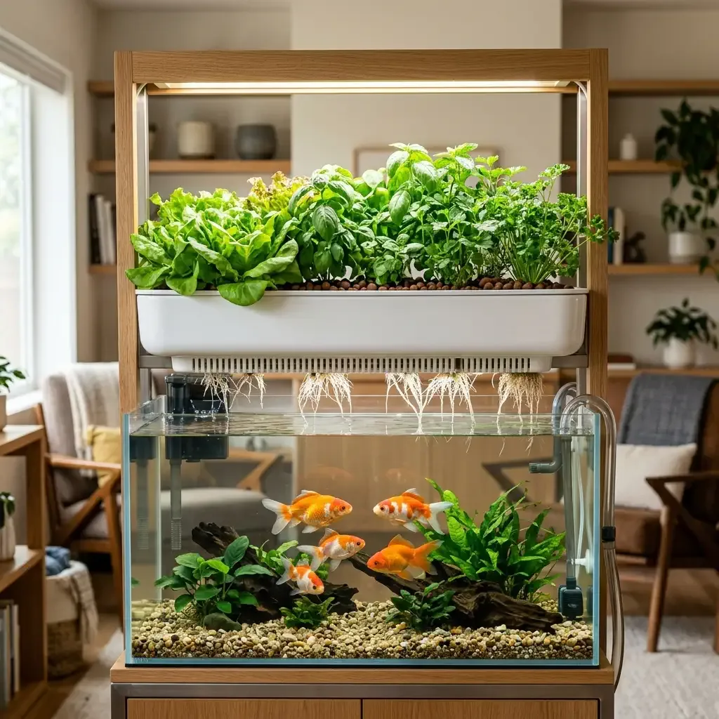 Aquaponics setup with a fish tank below and fresh leafy greens on top