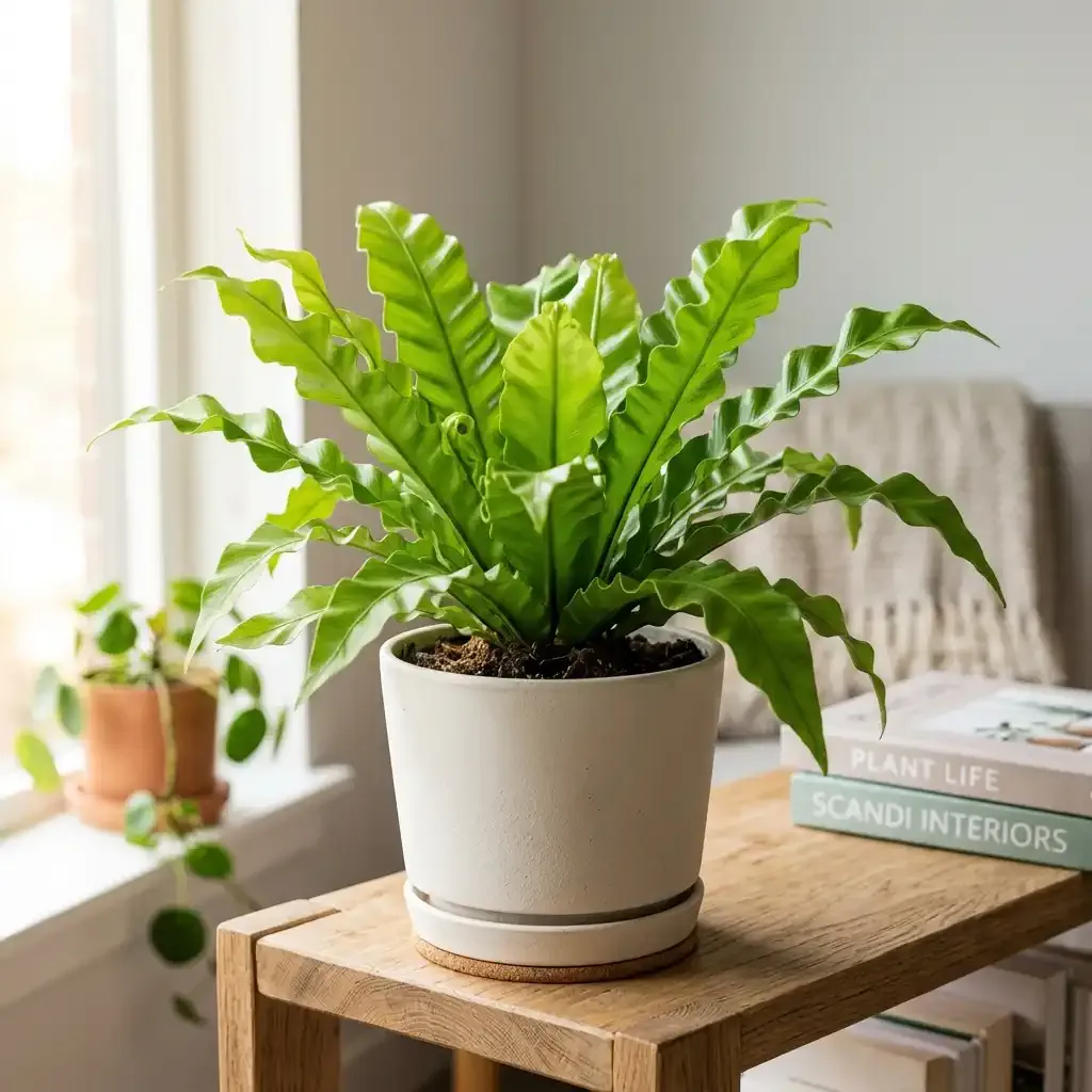 A healthy Bird's Nest Fern with wavy, bright apple-green fronds in a white ceramic pot