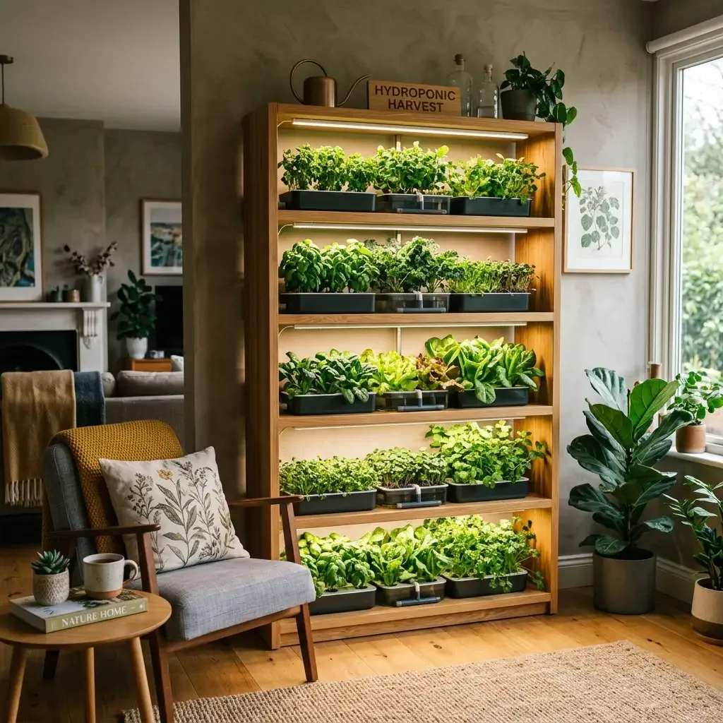Indoor bookshelf converted into a tiered hydroponic garden with LED grow lights