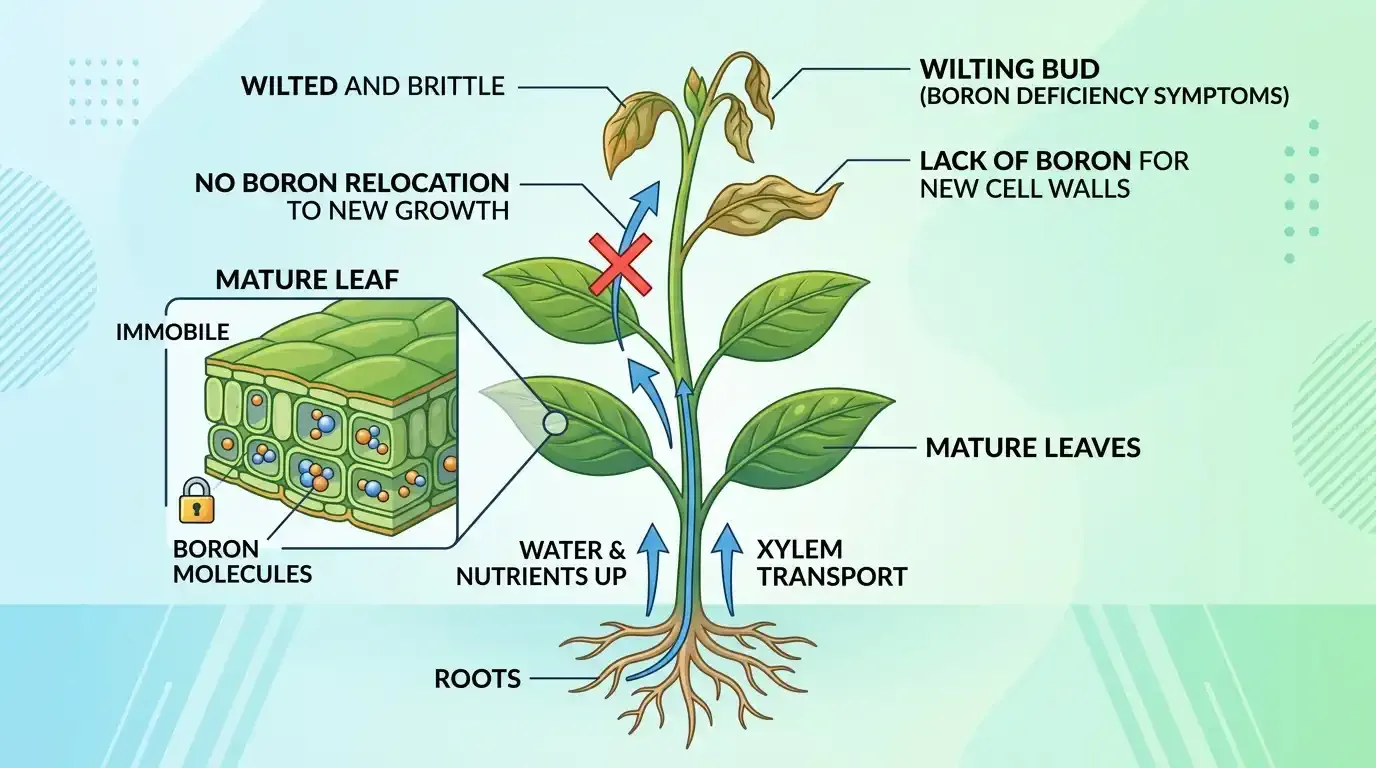 Diagram comparing boron transport to mobile nutrients in a plant