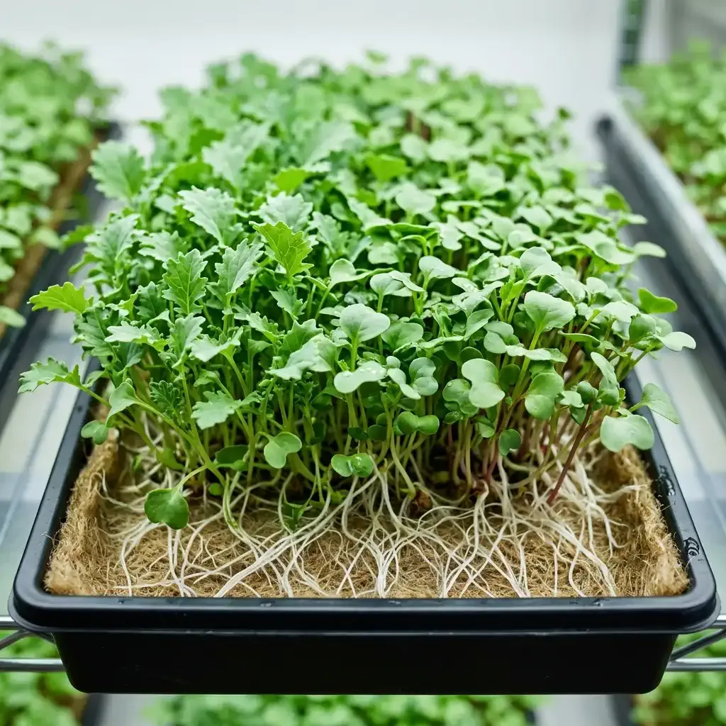 Fresh brassica microgreens grown soil-free, ready to be harvested with scissors