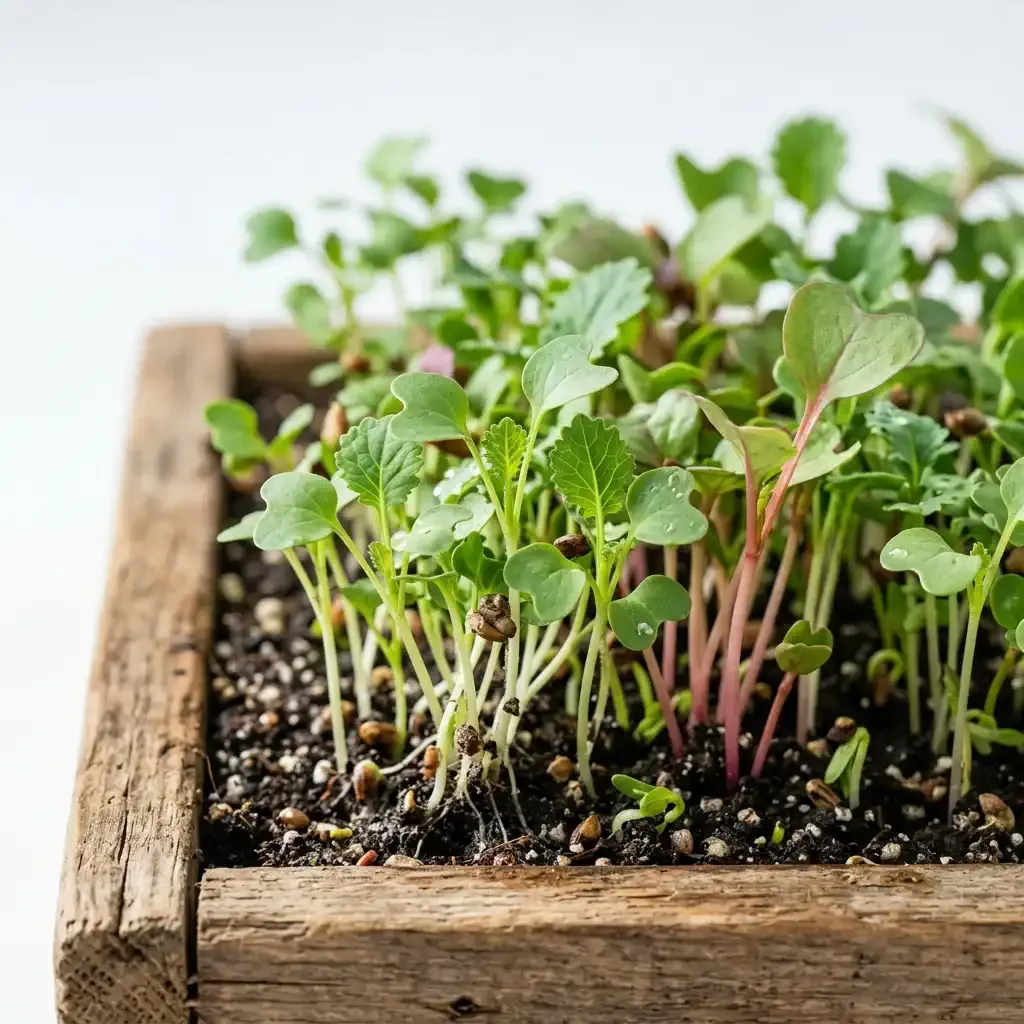 Assortment of fresh brassica microgreens like broccoli, kale and radish