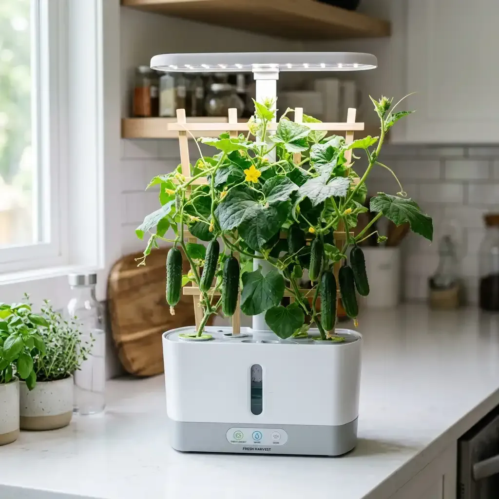 A compact bush cucumber plant trained to a mini trellis in a countertop hydroponic system