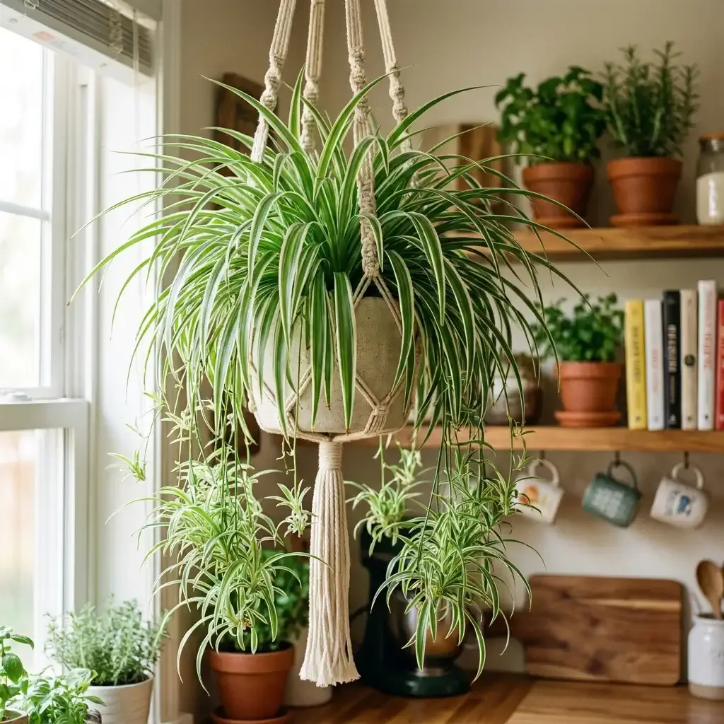 A bushy Spider Plant in a hanging macrame planter