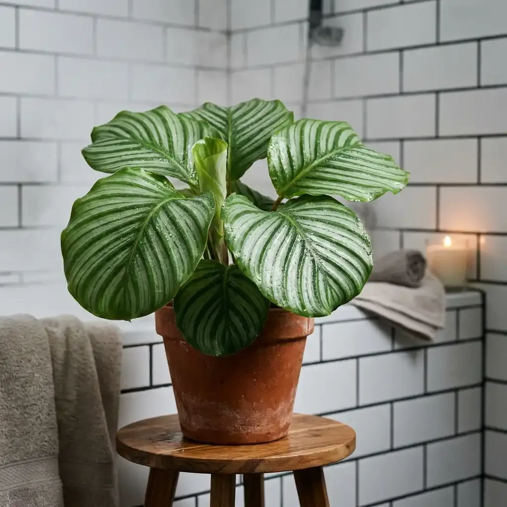 A Calathea Orbifolia with large, beautifully striped leaves in a spa-like bathroom