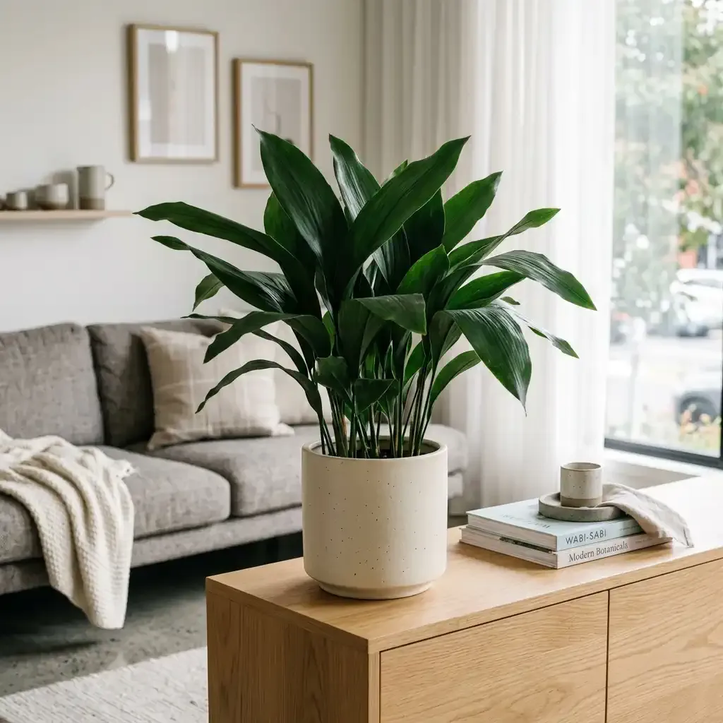 A lush Cast Iron Plant with broad, upright dark green leaves in a rustic ceramic pot