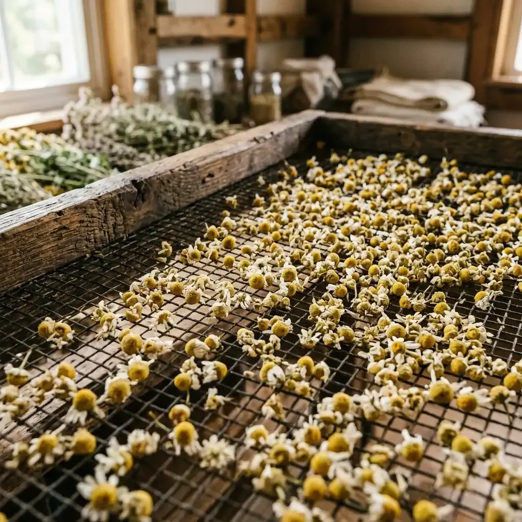 Dried chamomile flowers spread out on a wooden mesh tray