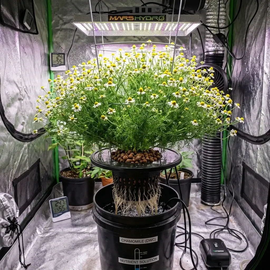 German chamomile plant growing in a countertop DWC hydroponic system