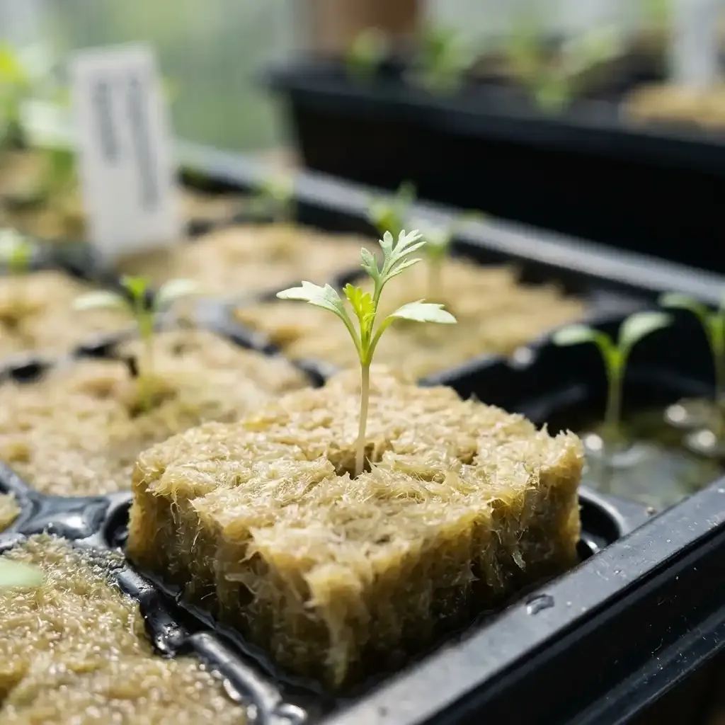 Young green chamomile seedling sprouting in a rockwool starter plug