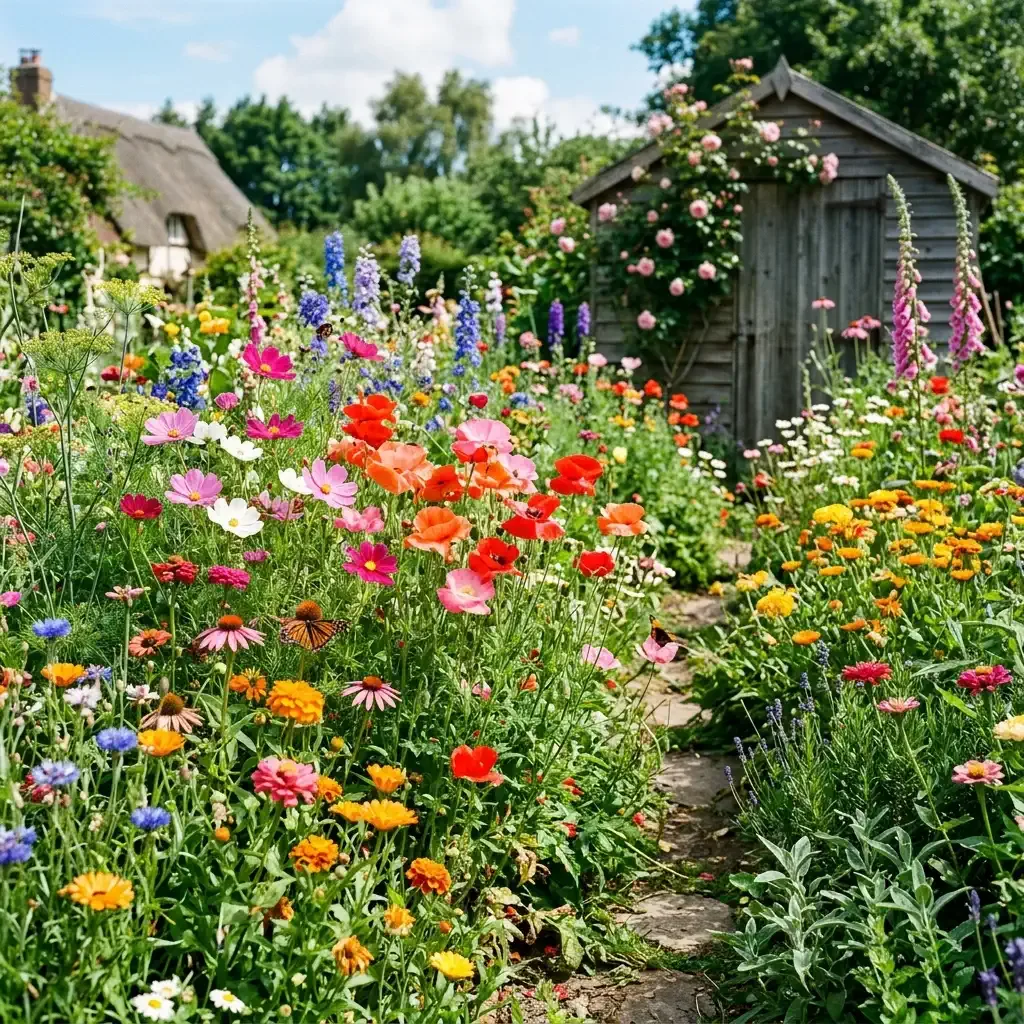 A dense, colorful mix of wildflowers including red poppies, blue cornflowers and yellow daisies in a backyard garden bed