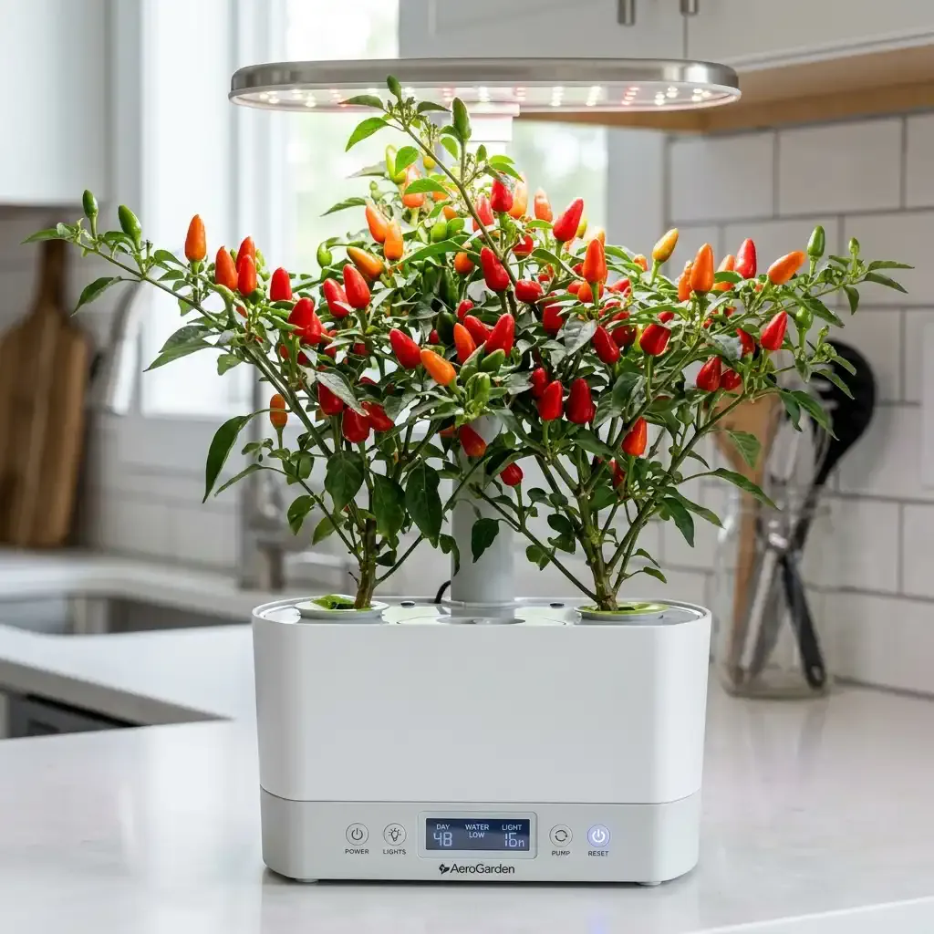 A compact indoor chili pepper plant growing in a countertop hydroponic system with small ripening peppers