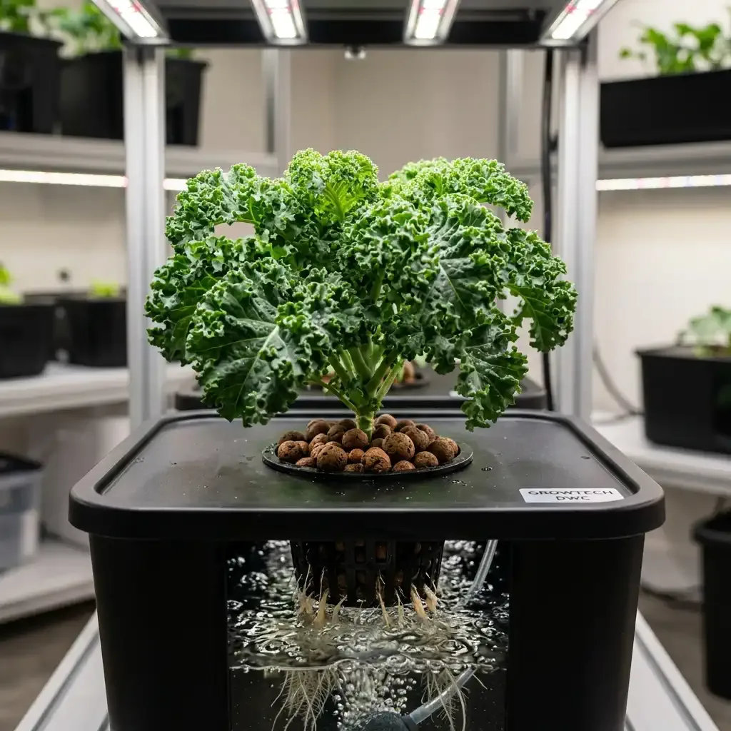Dwarf curly kale growing in a 4-inch net cup in a DWC system