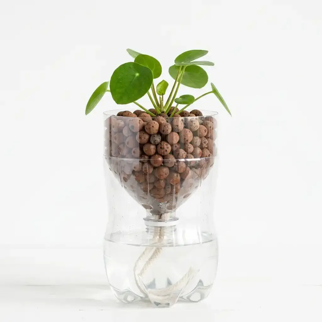 A DIY soda bottle planter with an inverted neck nested inside the base filled with LECA
