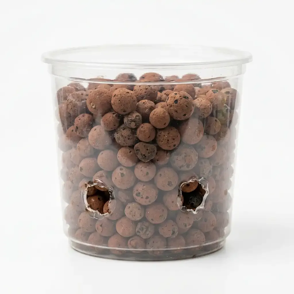 A custom-drilled plastic deli pot with drainage holes filled with LECA