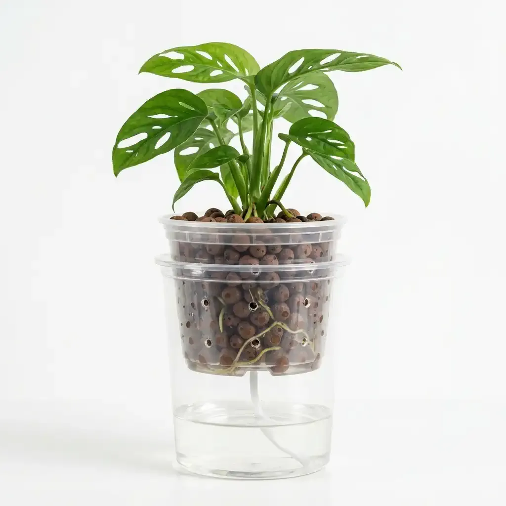 A stacked deli container setup showing the inner pot nested in the outer reservoir with a wick