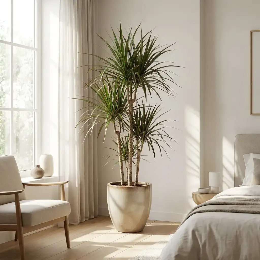 A tall Dracaena tree with arching leaves in a contemporary bedroom