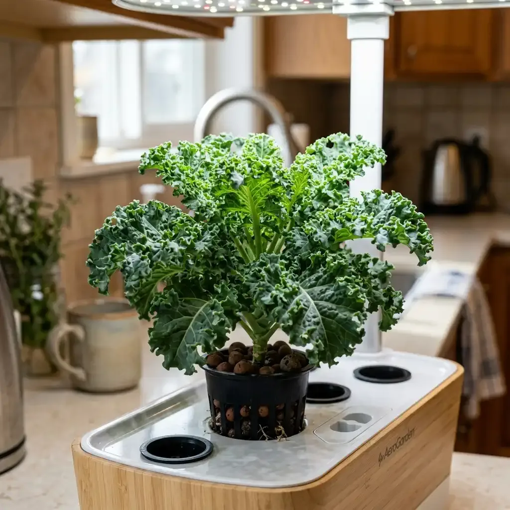 A healthy rosette of Dwarf Blue Curled Scotch Kale growing in a countertop hydroponic pod