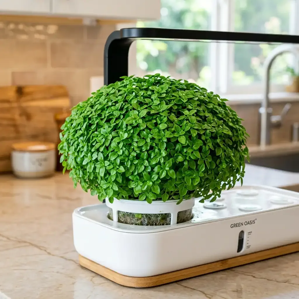 A dense green sphere of Dwarf Greek Basil growing in an indoor countertop hydroponic system