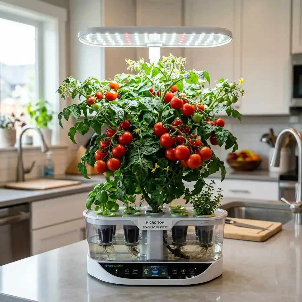 A dwarf tomato plant loaded with small red cherry tomatoes under countertop LED grow lights
