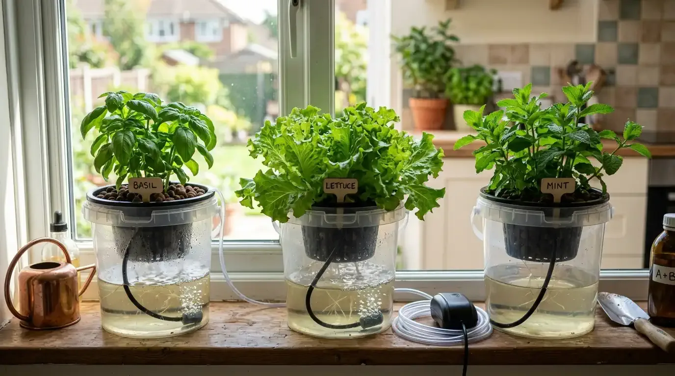 A home hydroponic setup on a sunny windowsill, showing beginner leafy lettuce, basil, and mint plants growing in simple net pots inside plastic buckets with visible water reservoirs.