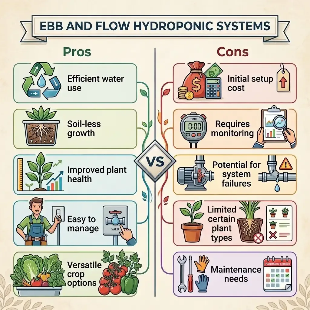 Infographic comparing the pros and cons of an ebb and flow hydroponic system