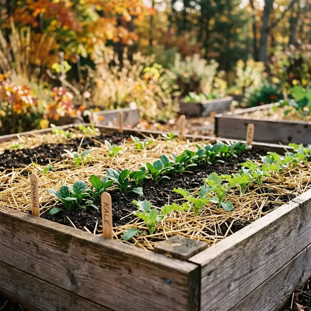 A healthy raised garden bed prepared for fall crops with rich dark soil and mulch