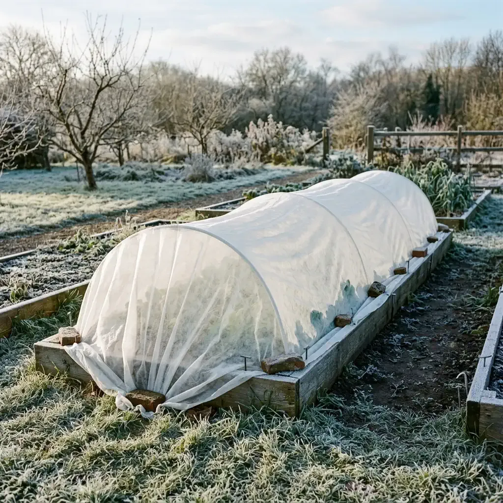 Vegetable beds protected by lightweight row covers and frost blankets secured at the edges