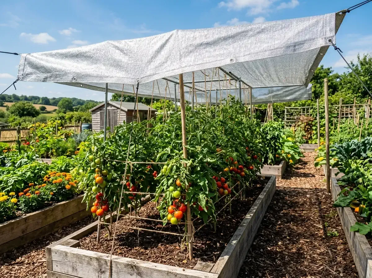 Aluminized shade cloth rigged over the main tomato beds