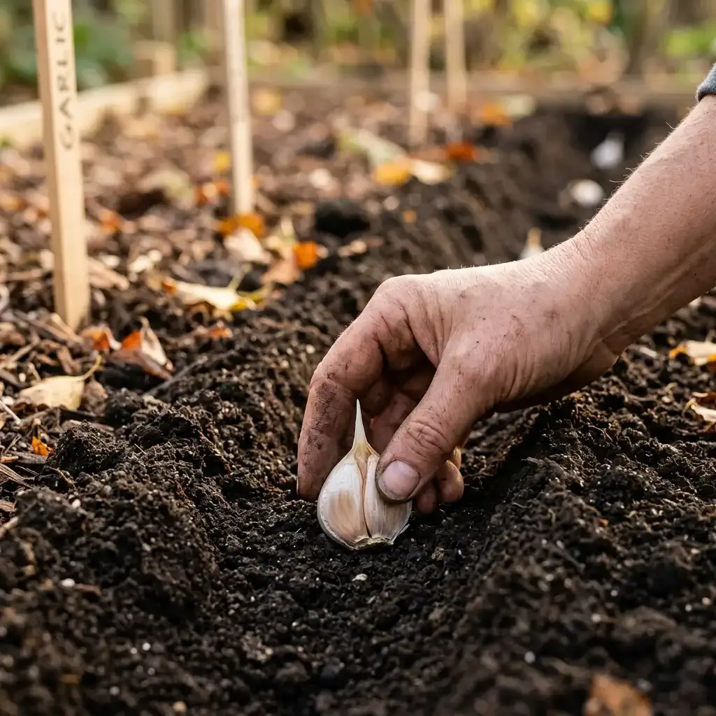 A hand gently placing a single garlic clove into a shallow soil trench pointed end up