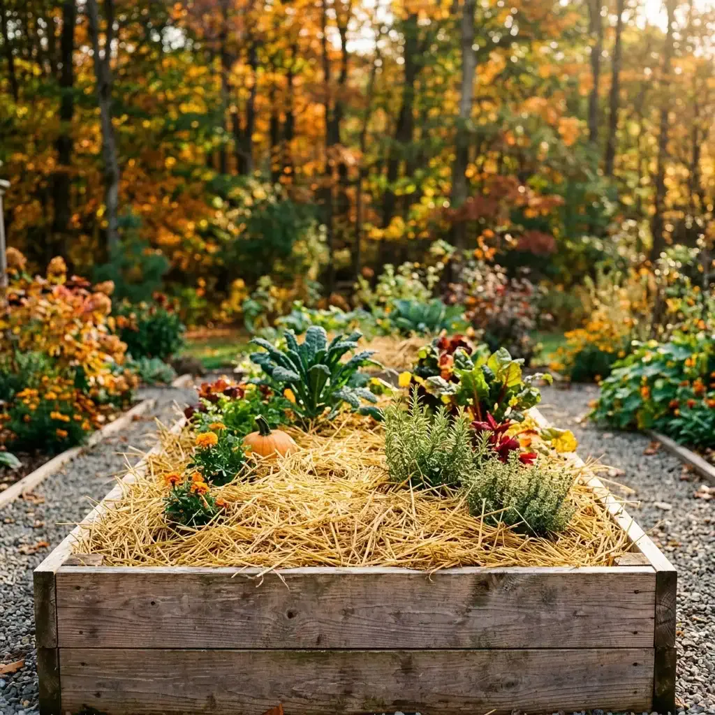 A raised garden bed insulated with a thick layer of golden straw mulch in autumn