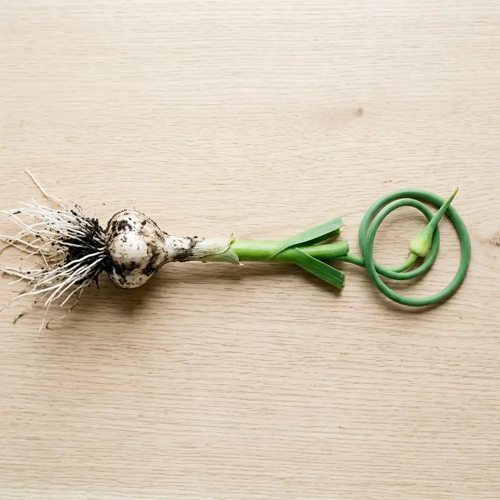 Single garlic plant out of the ground showing the curly scape at the top