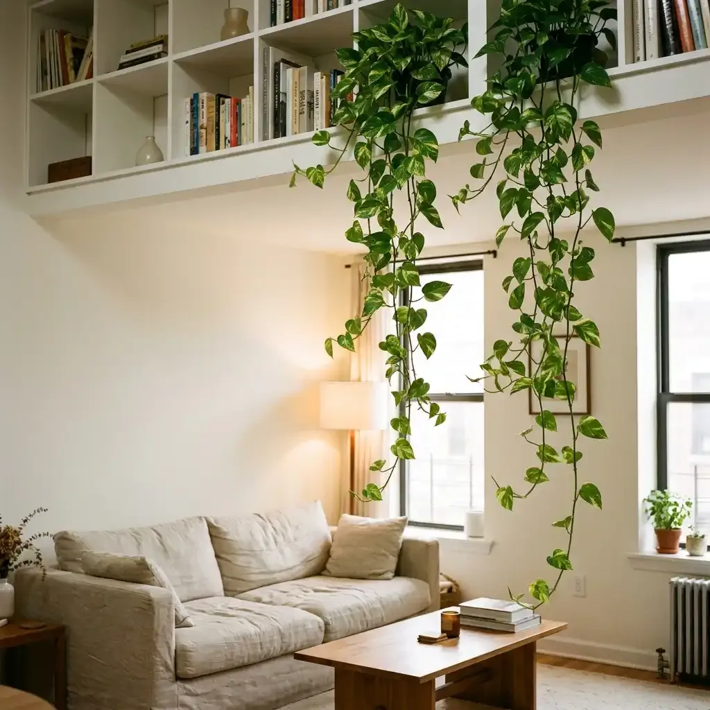 A Golden Pothos with trailing vines cascading from a white bookshelf