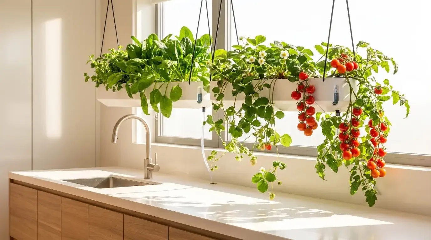 Hanging planter in kitchen with various herbs