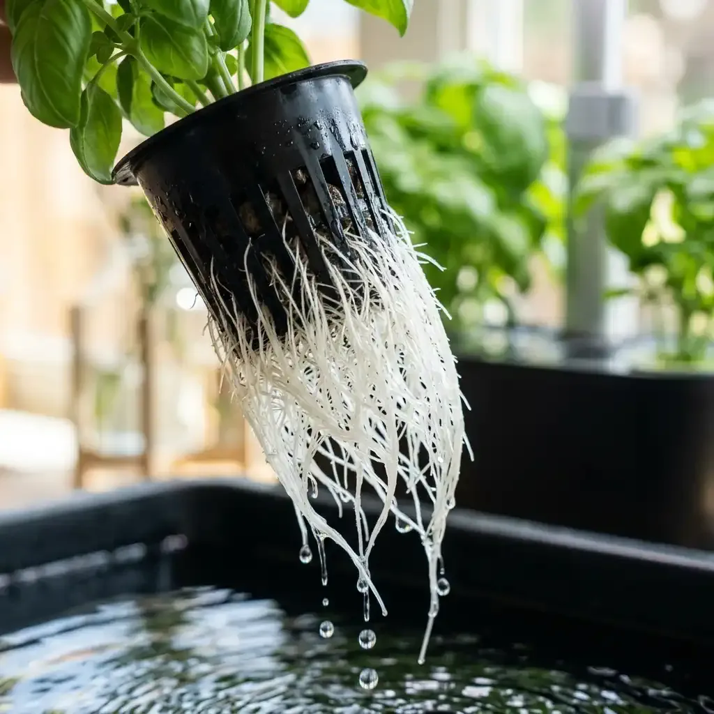 Clean, white, healthy roots of a hydroponic plant being inspected