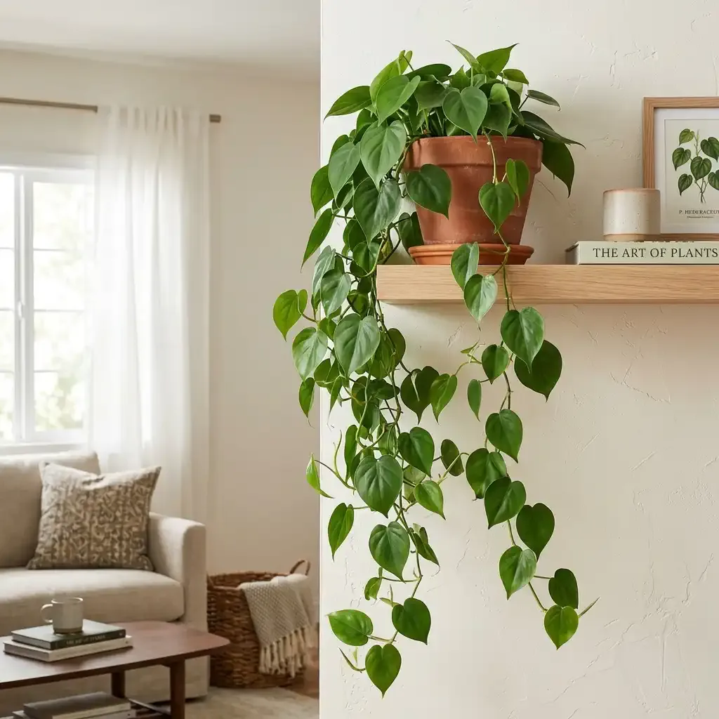 A trailing Heartleaf Philodendron with cascading heart-shaped leaves on a modern wooden bookshelf
