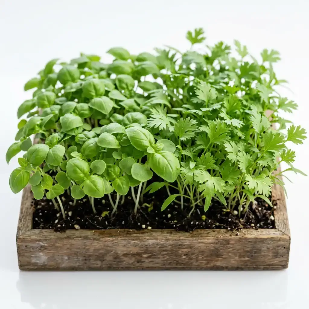 A tray of growing herb microgreens like basil and cilantro