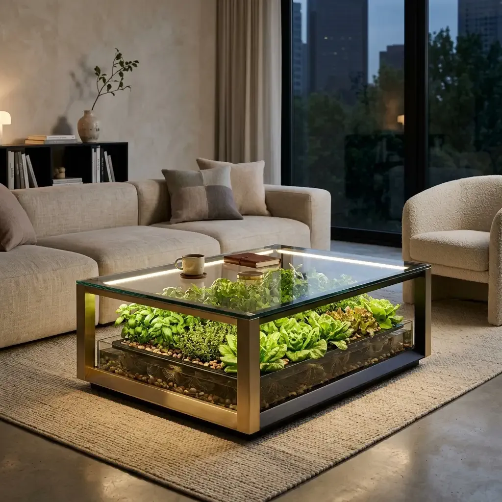Unique coffee table featuring an integrated hydroponic garden beneath a glass top
