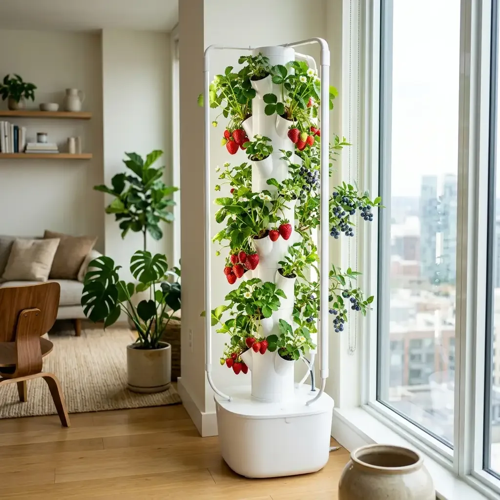 Hydroponic strawberry plant with ripe red berries growing in a vertical tower channel