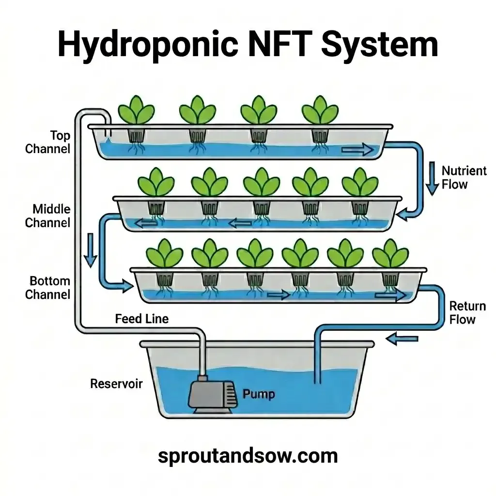 Hydroponic Nutrient Film Technique (NFT) channel system growing lush green plants