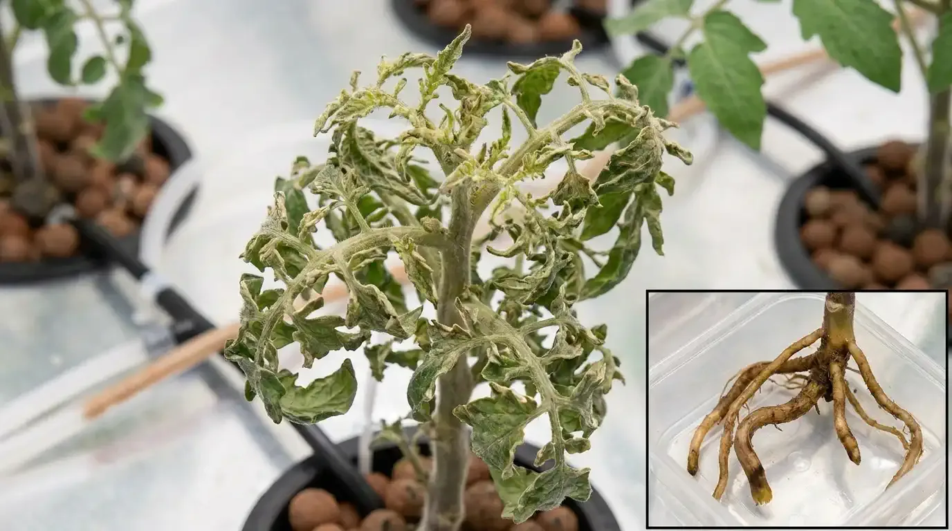 Boron deficiency showing distorted and brittle new leaves at the plant's growing tip
