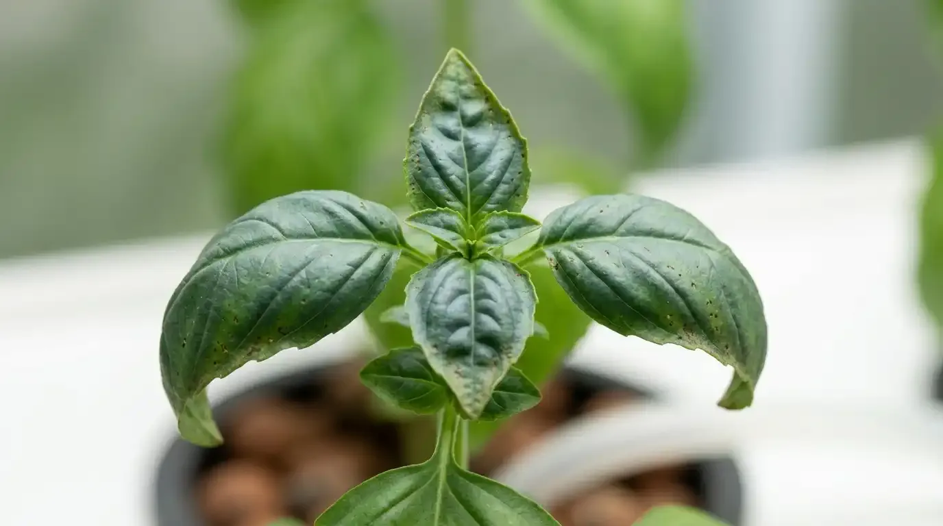 Copper deficiency on young leaves showing a bluish-green coloration and small necrotic spots