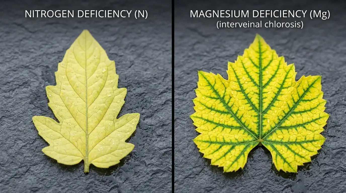 Close-up comparison of leaves showing different nutrient deficiencies like nitrogen and magnesium