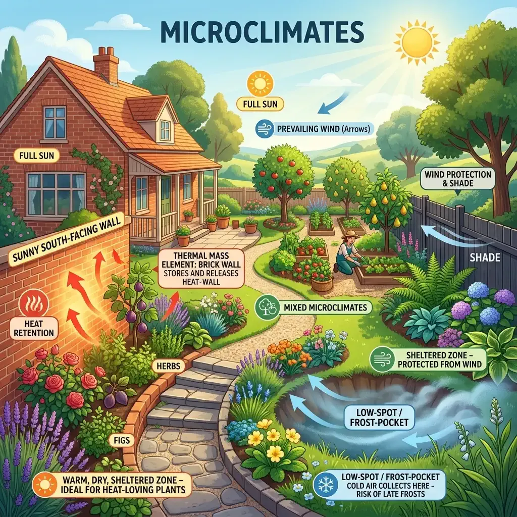 Detailed diagram showing garden microclimates such as south-facing walls, windbreaks and frost pockets