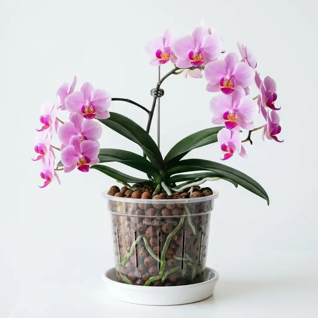 A Phalaenopsis orchid growing in LECA clay pebbles in a clear slotted pot