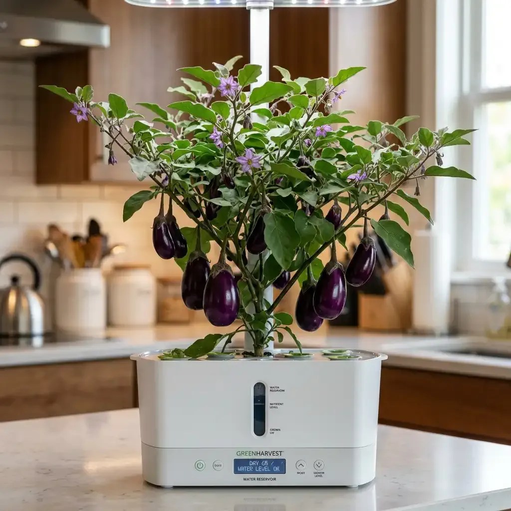 A compact Patio Baby eggplant with small purple eggplants ripening on kitchen counter