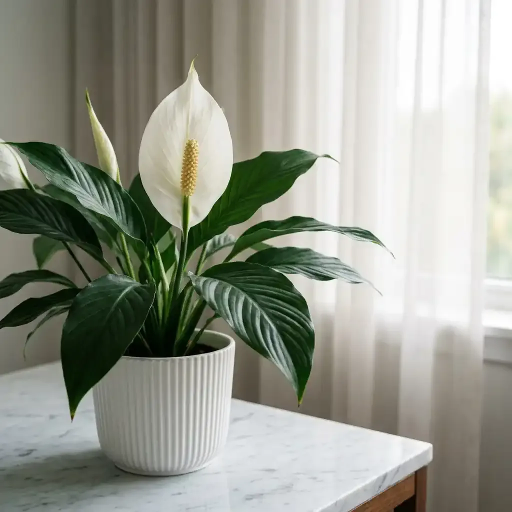 A blooming Peace Lily with a bright white flower in a serene apartment setting